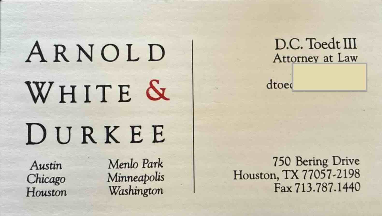 Photo of the author's business card from the law firm Arnold, White & Durkee